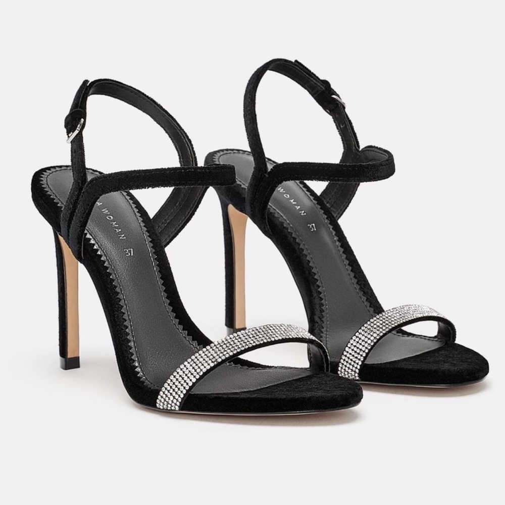 Zara velvet high heel sandals with rhinestone strap New W Tag , size 38